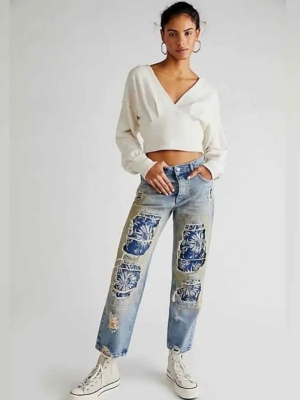 Free People Desert Rose Floral Patchwork Distressed Straight Leg Jeans - Picture 1 of 8